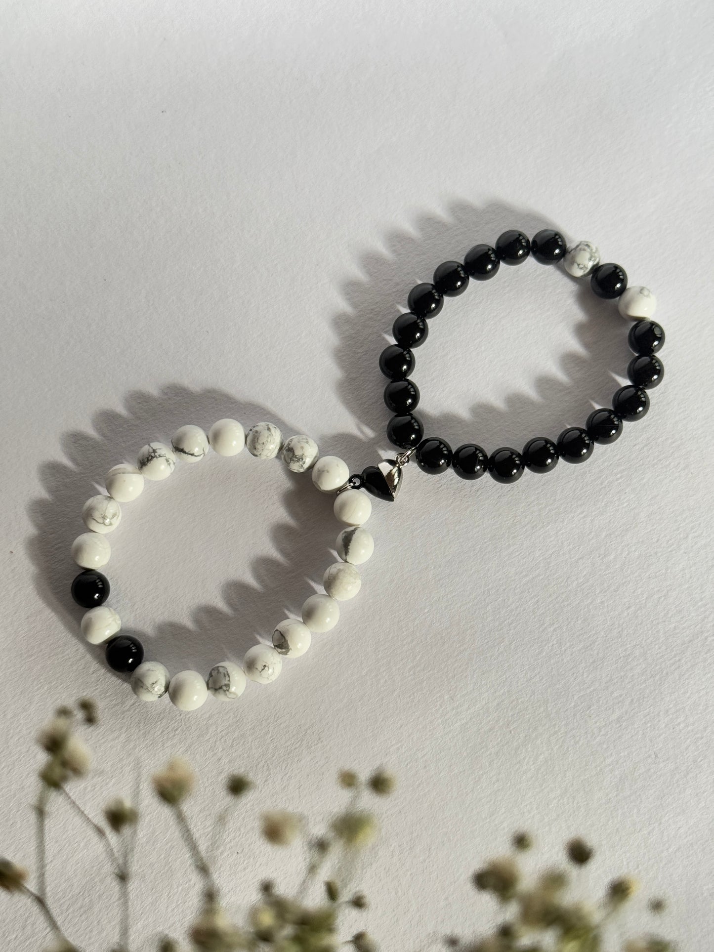 Howlite and black onyx stone - couple magnetic bracelet