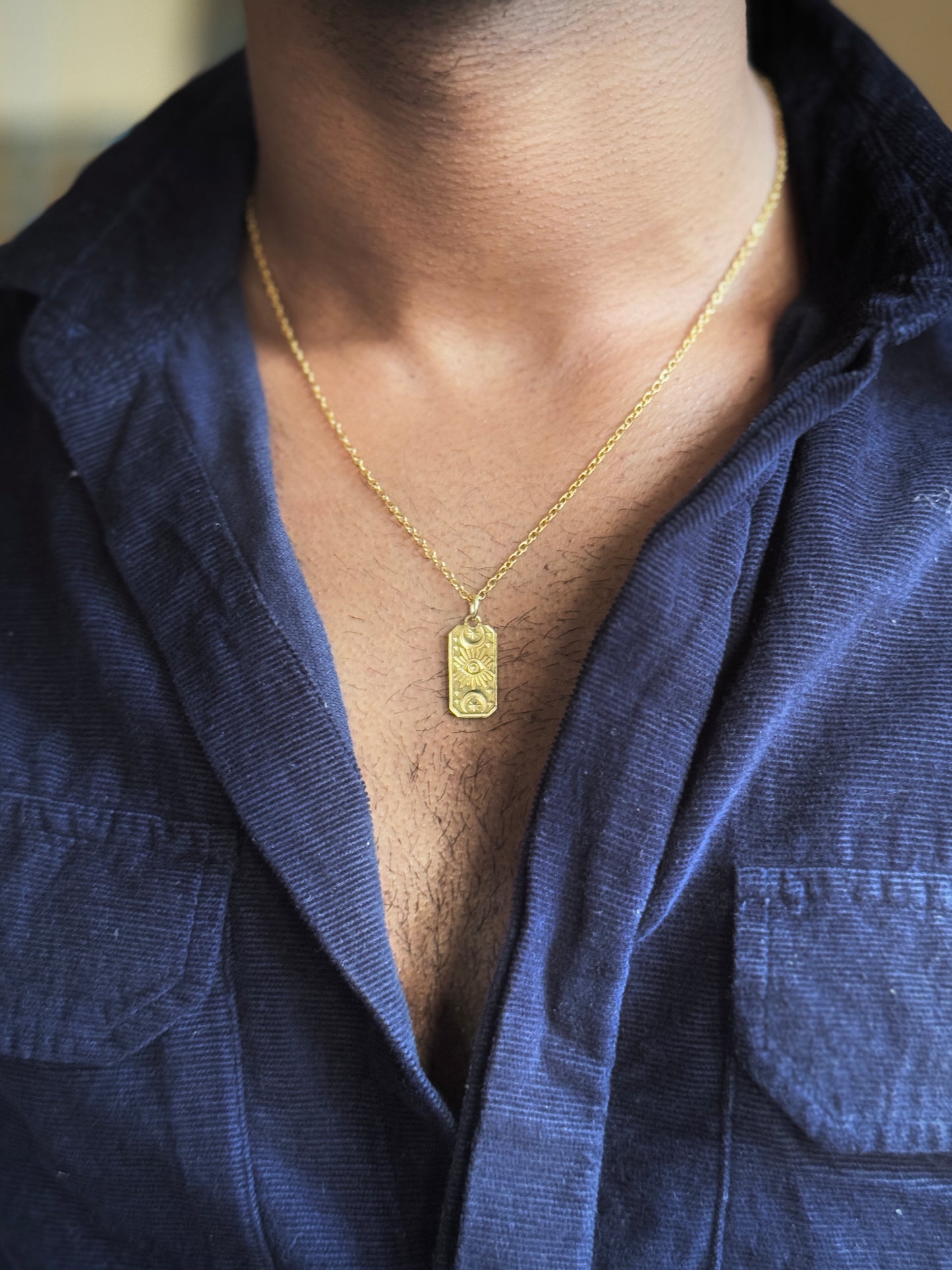 Sun moon rectangle 18k gold plated stainless steel necklace