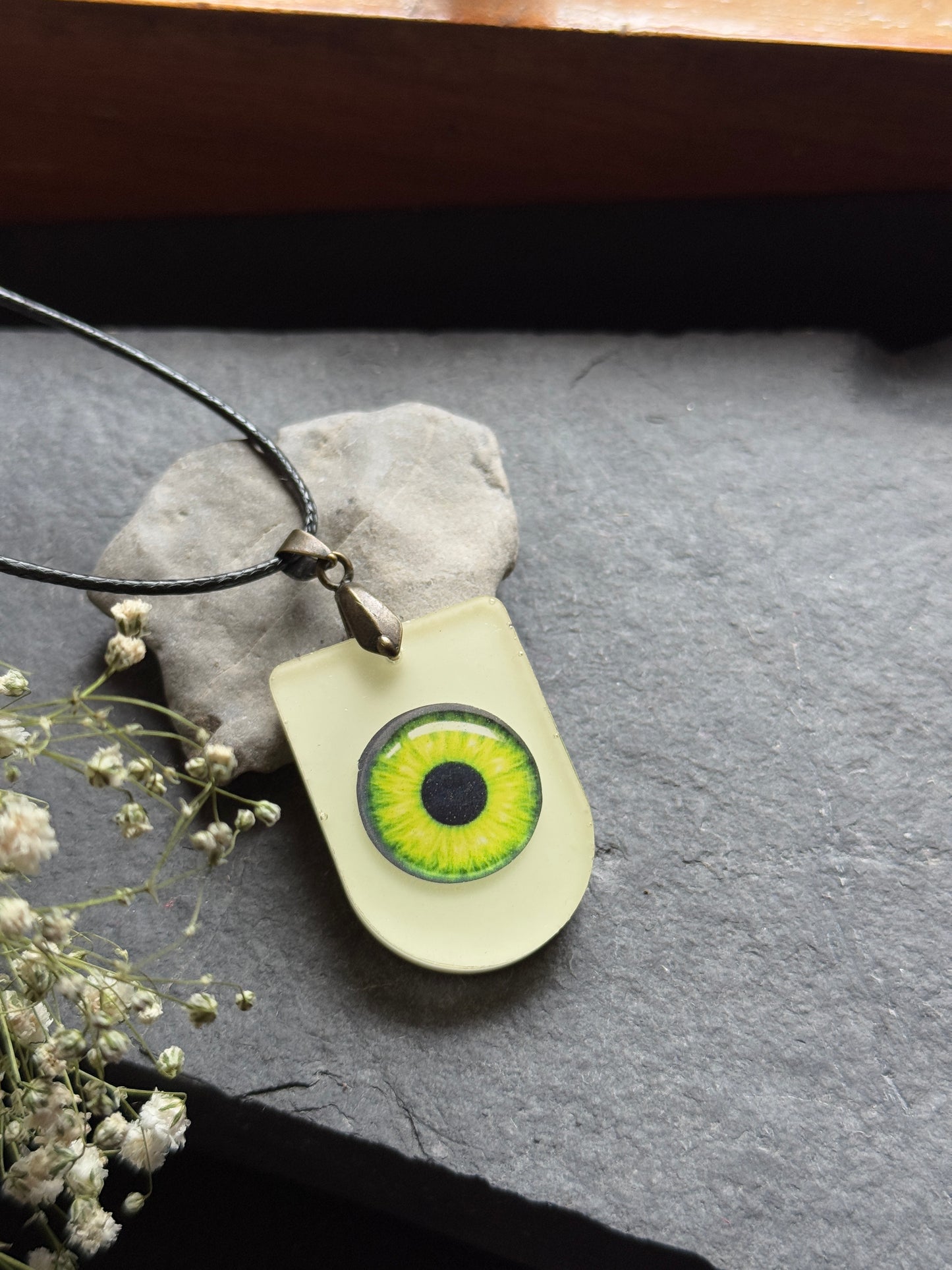Glow in the dark light green eye resin necklace - clearance sale piece