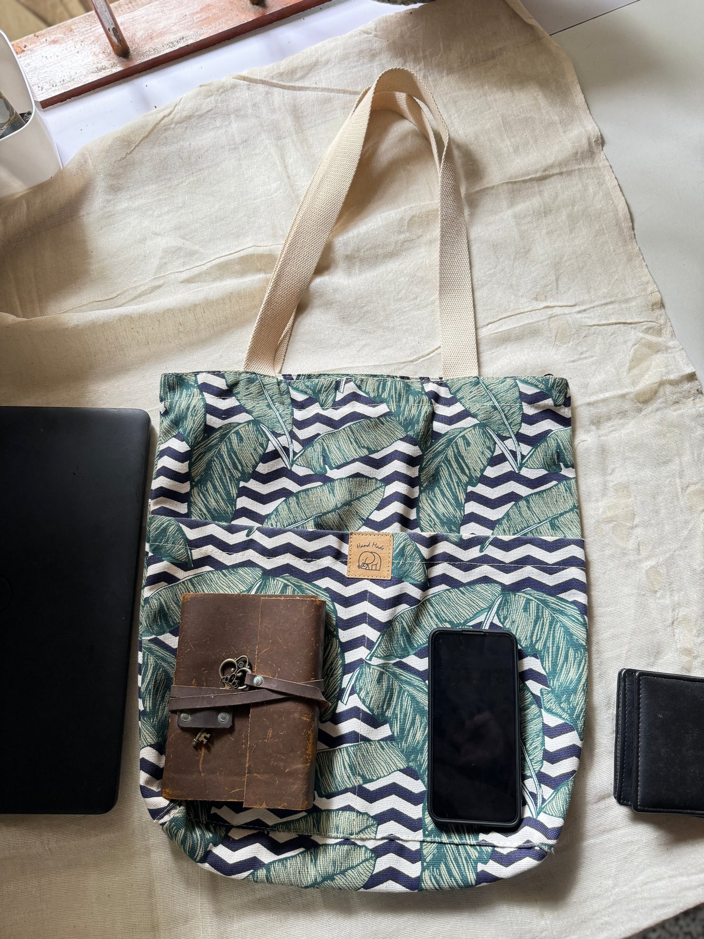 Dark green & white color floral tote bag (E)