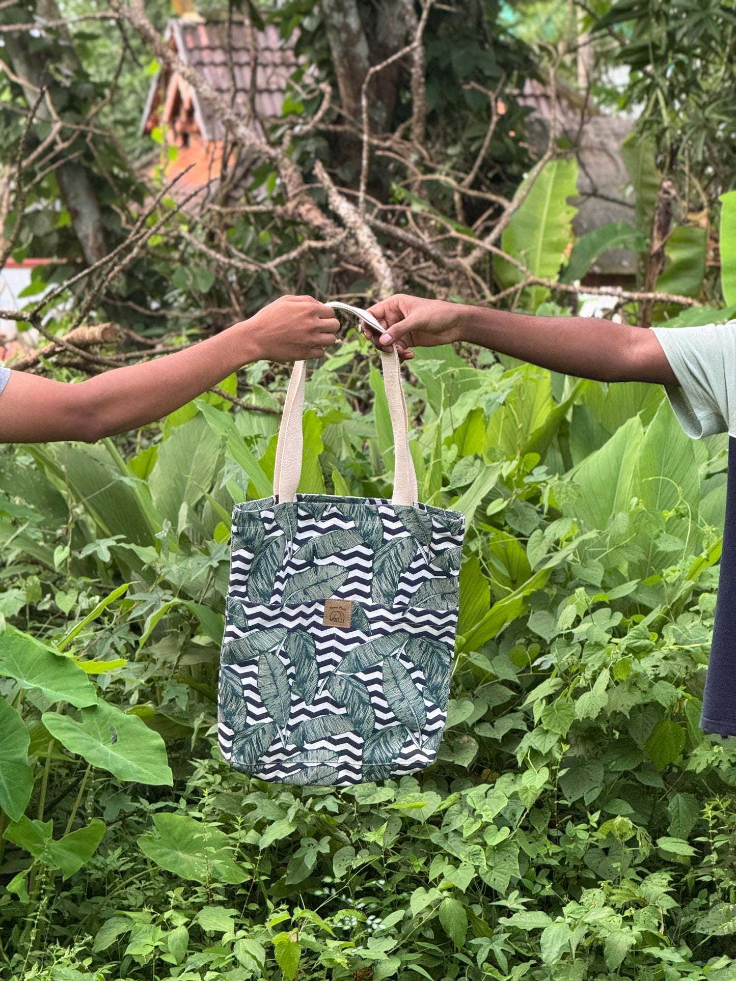 Dark green & white color floral tote bag (E)
