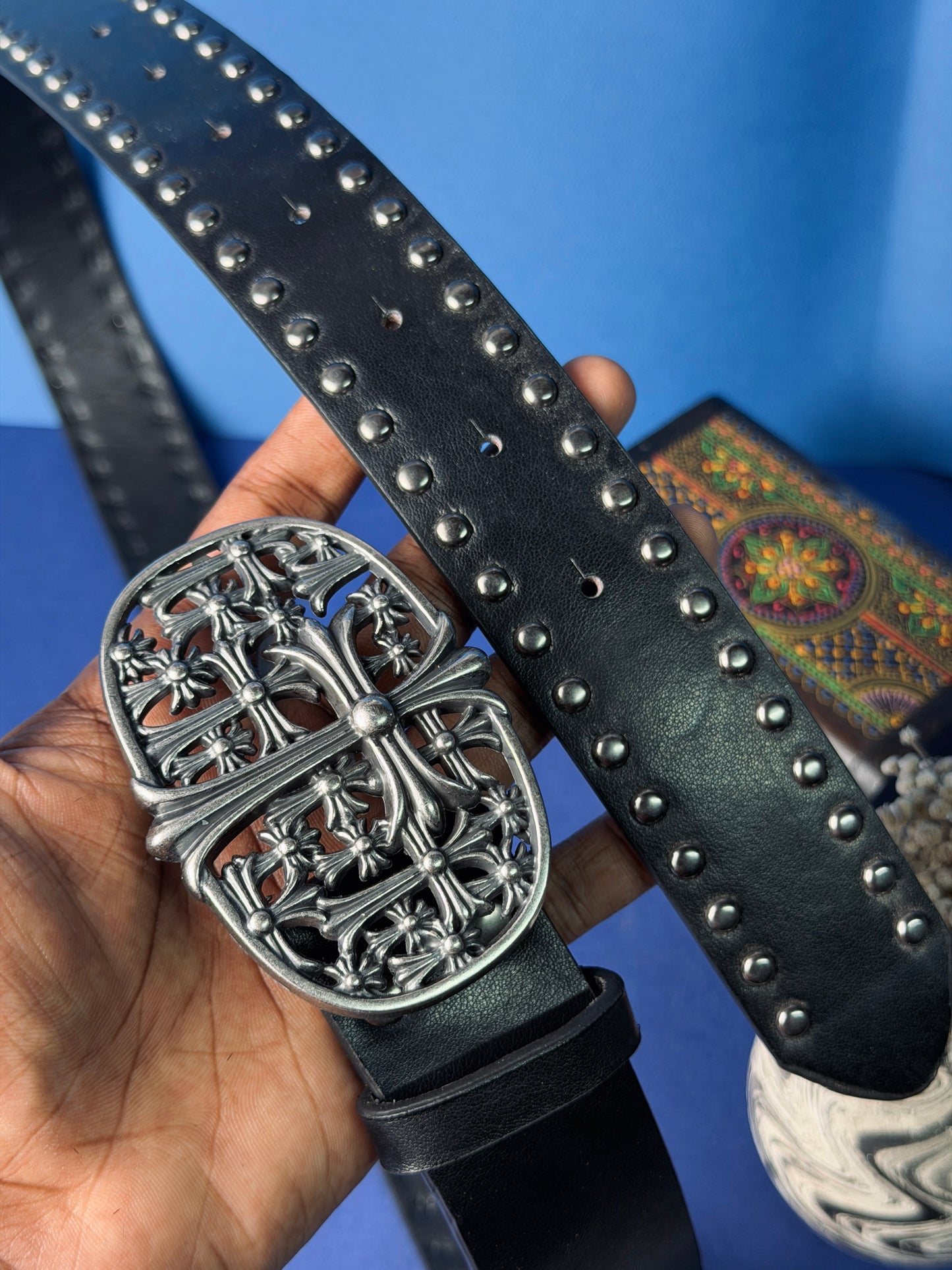 Chrome Cross Studded Premium Leather Belt – Black