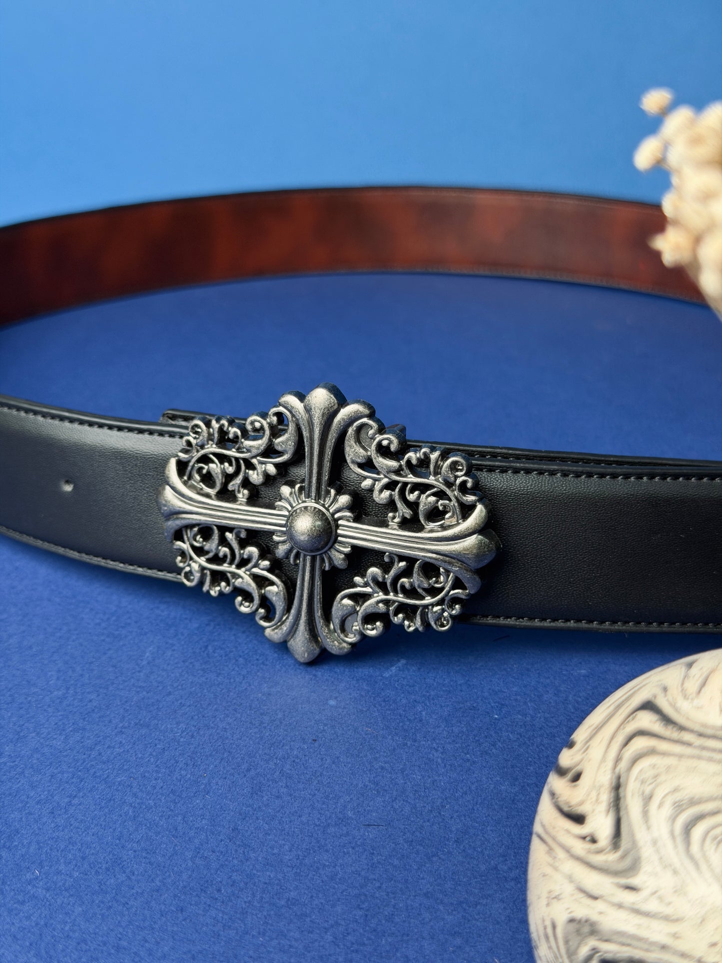 Phantom Cross Buckle Premium Leather Belt – Black
