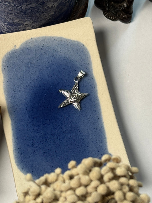 Starfish  spiral stainless steel silver pendant with hook