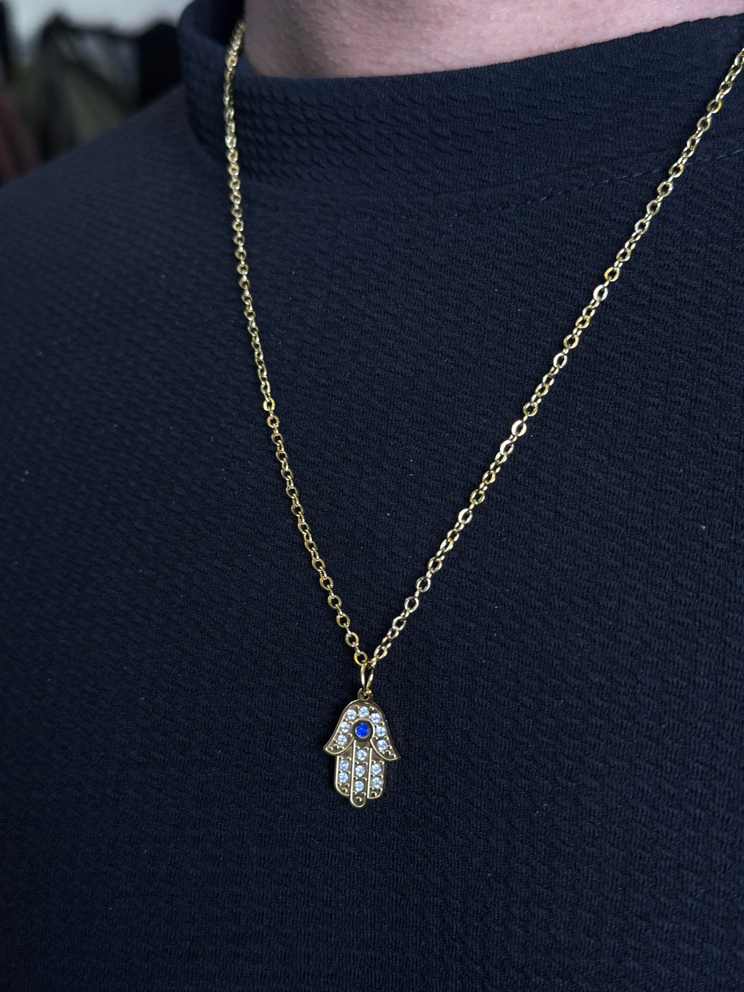 Hamsa hand 18k gold plated stainless steel necklace with white stone embedded