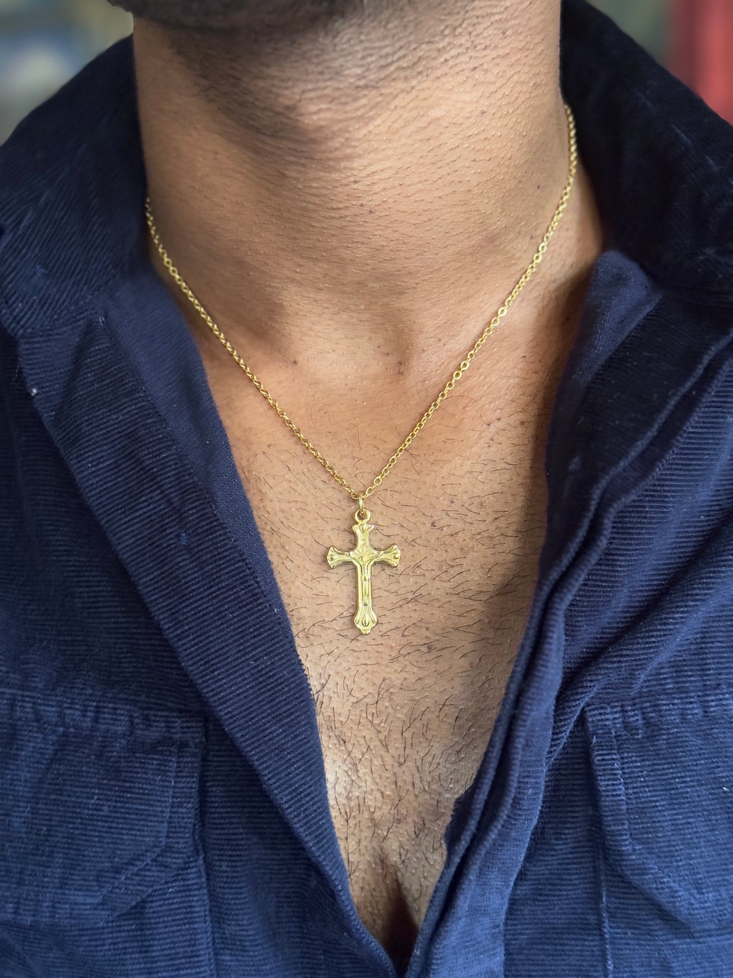 18k gold plated cross stainless steel medium size necklace