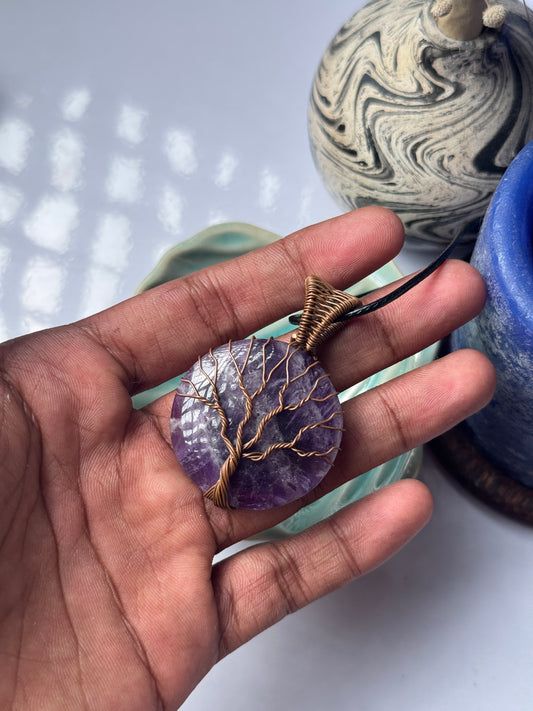Amethyst  round hape copper wire wrapped necklace