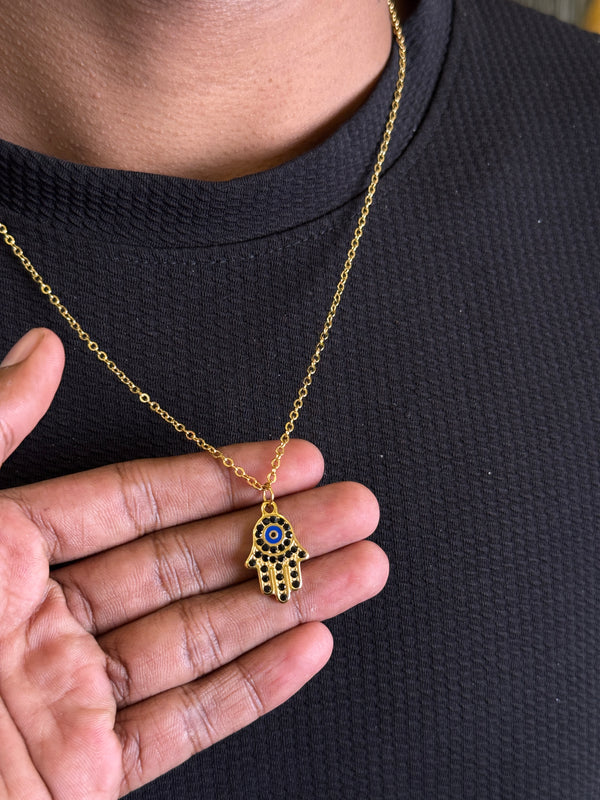 Hamsa hand 18k gold plated black stone embedded stainless steel necklace