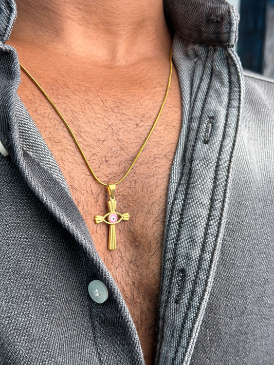 cross evil eye 18k gold plated stainless steel pink eye necklace