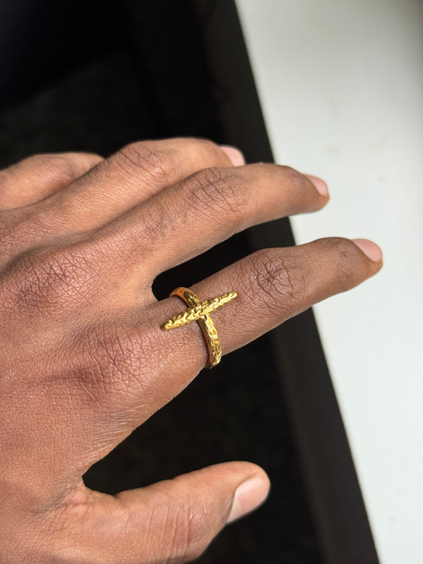 X crossed stainless steel adjustable 18k gold plated ring