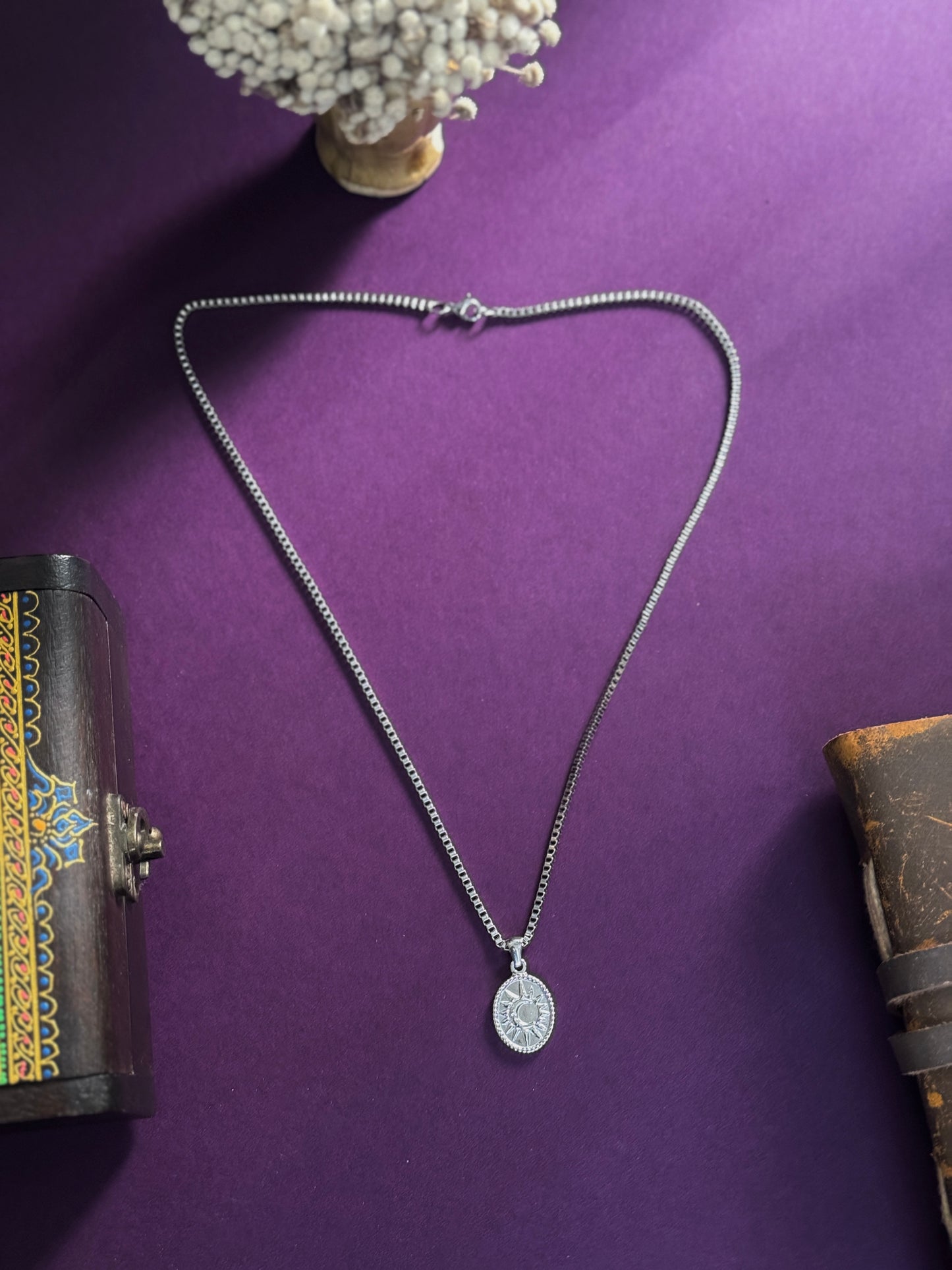 Sun moon oval shape stainless steel necklace