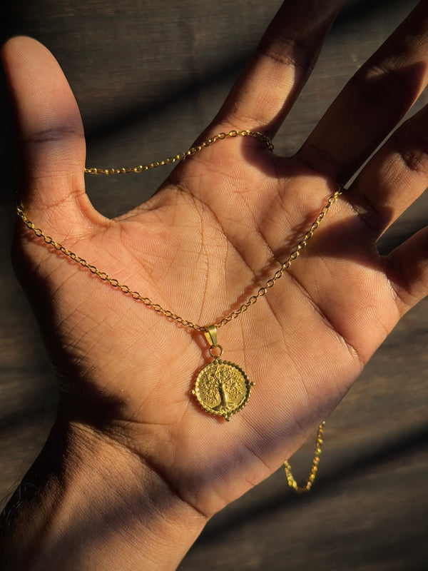 18k gold plated cross and tree of life stainless steel chain necklace combo
