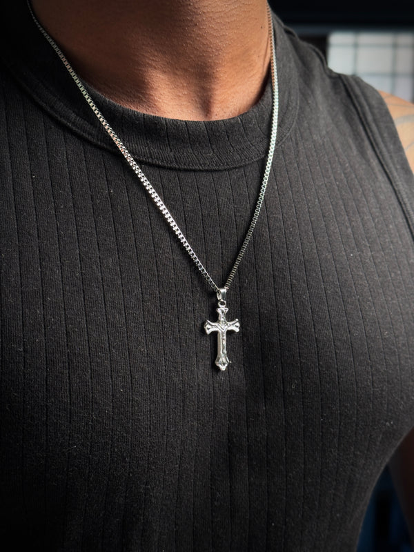 Cross stainless steel medium square box chain necklace