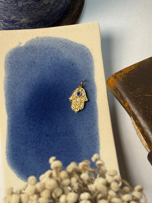 Hamsa hand stone embedded 18k gold plated pendant with hook