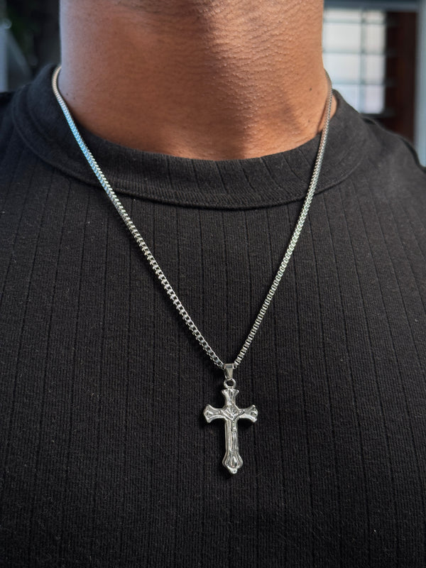 Cross stainless steel medium square box chain necklace