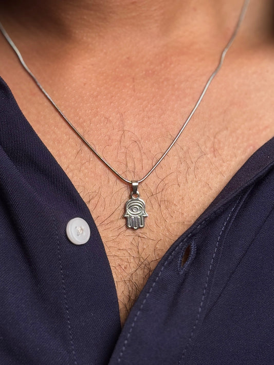 Hamsa hand  small silver stainless steel silver necklace in 55 cm chain