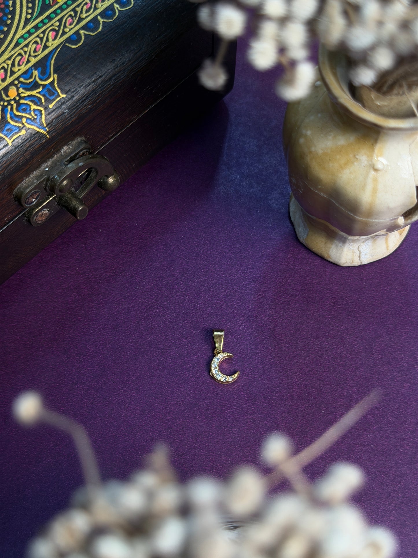 Tiny moon  18 k gold plated - with white stone- pendant