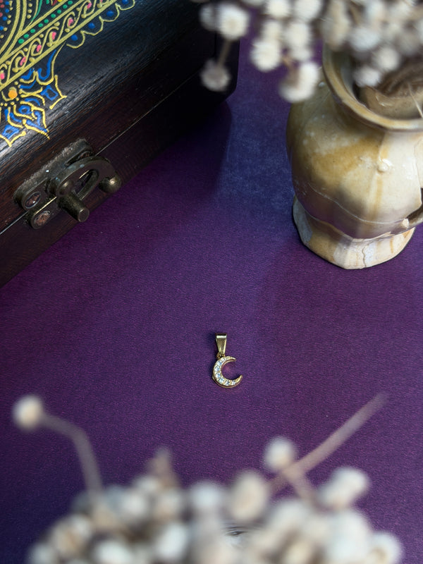 Tiny moon  18 k gold plated - with white stone- pendant
