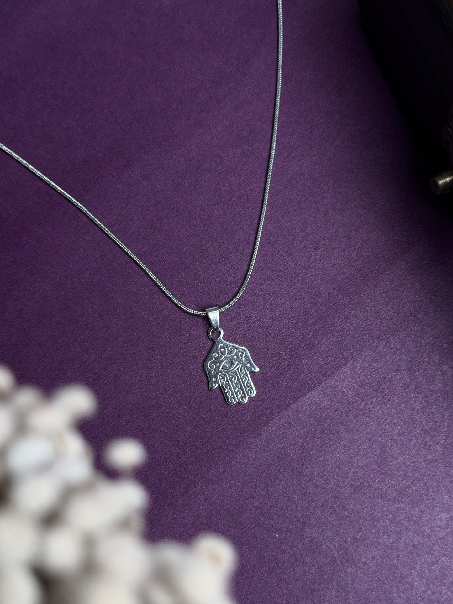 Hamsa hand  small silver stainless steel silver necklace in 55 cm chain