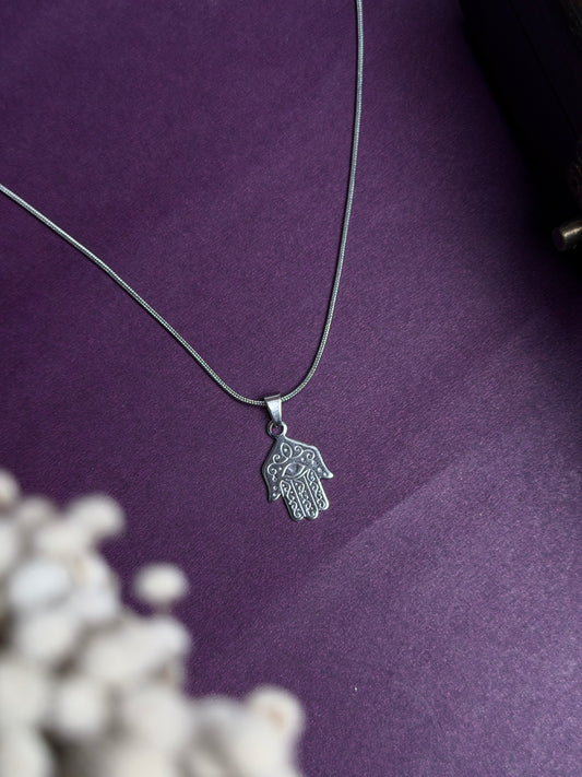 Hamsa hand  small silver stainless steel silver necklace in 55 cm chain
