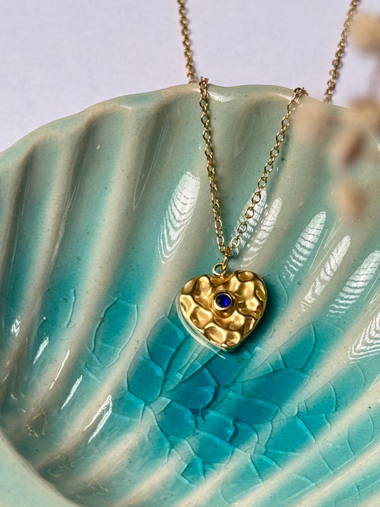 Uneven  Love pendant in blue stone 18k gold plated necklace