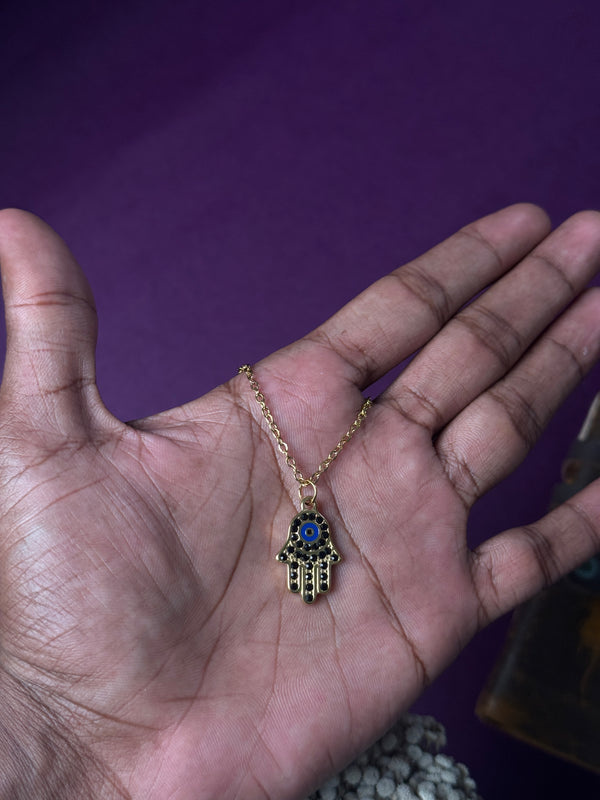 Hamsa hand 18k gold plated black stone embedded stainless steel necklace