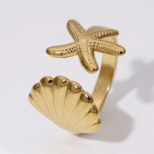 Starfish &shell stainless steel adjustable ring