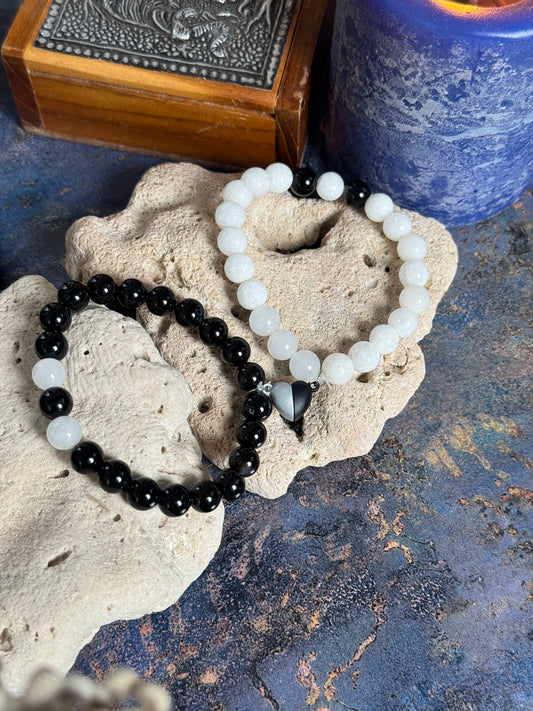 black onyx and white king  stone - couple magnetic bracelet