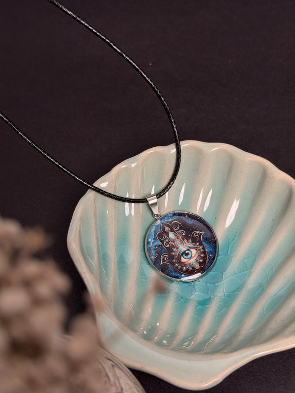 Cosmic Hamsa Hand Resin Necklace