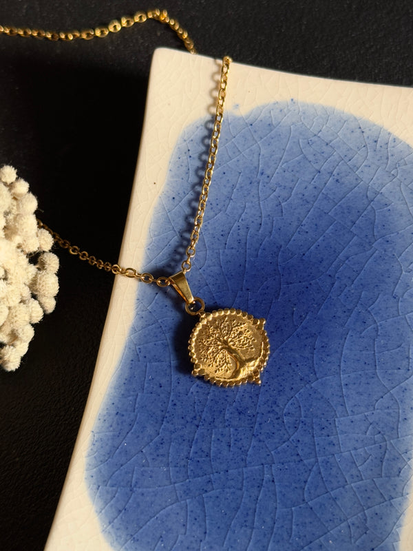 18k gold plated cross and tree of life stainless steel chain necklace combo