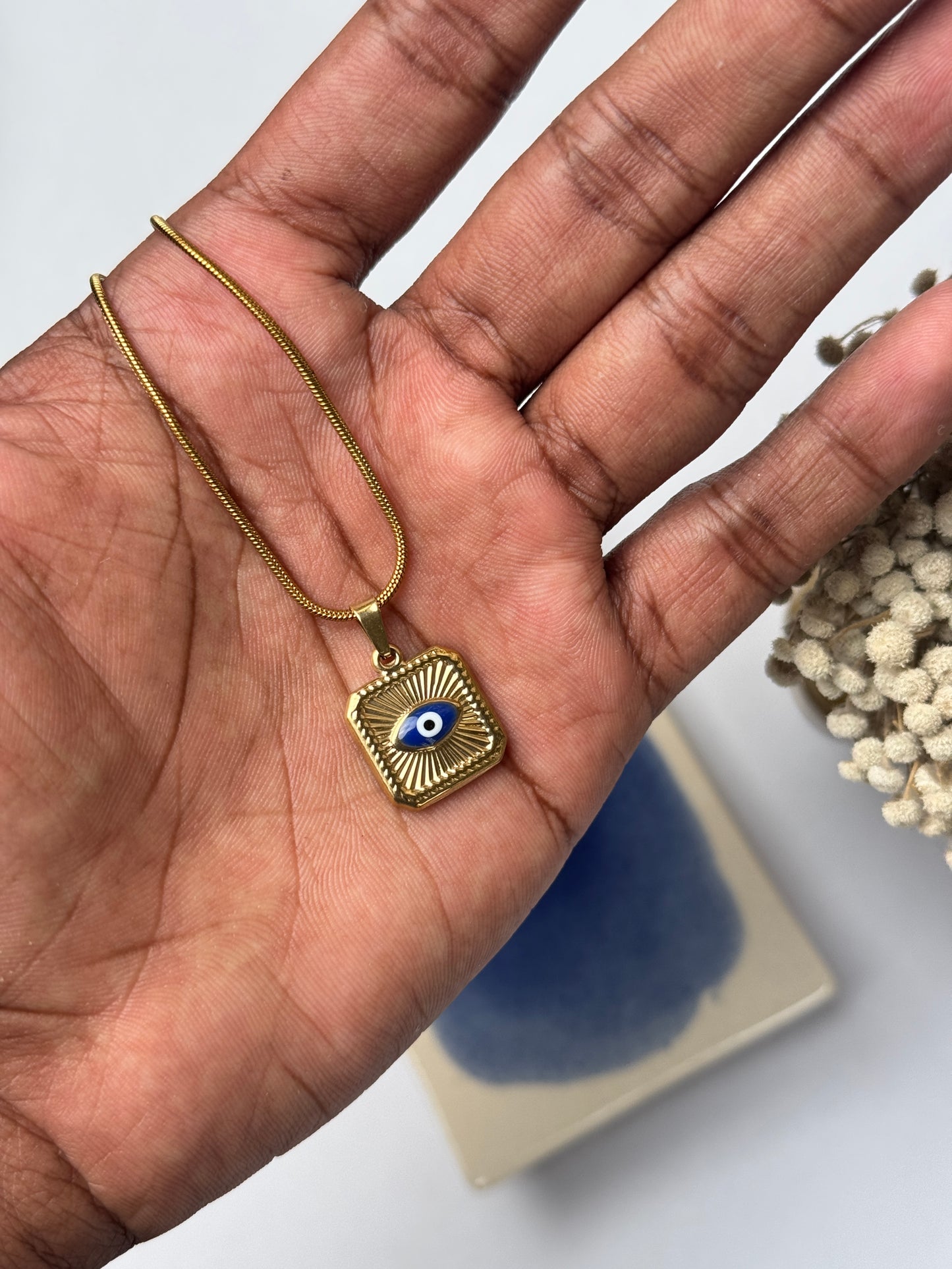 Square evil eye 18k gold plated necklace