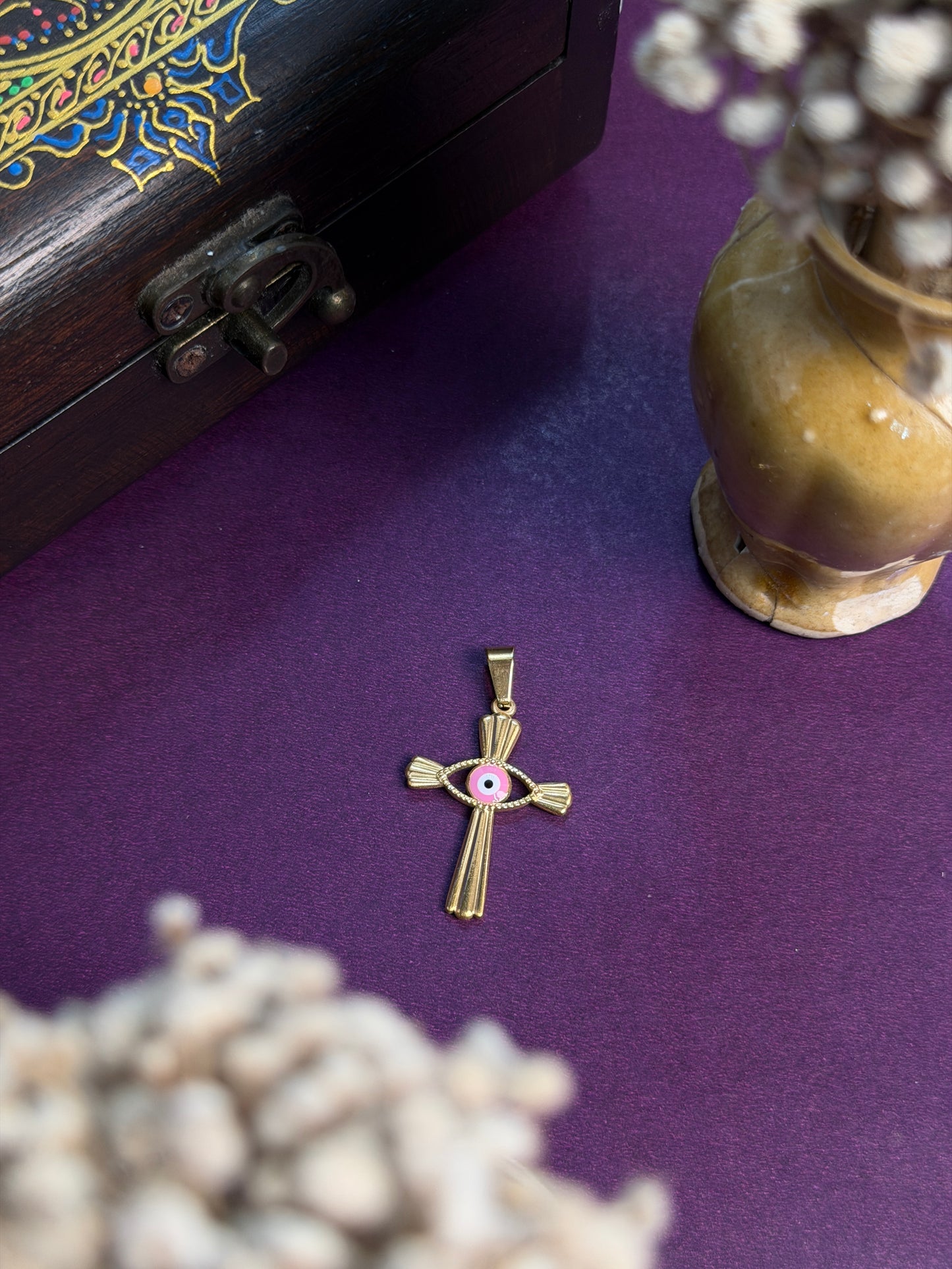 cross evil eye 18k gold plated stainless steel pink pendant with hook