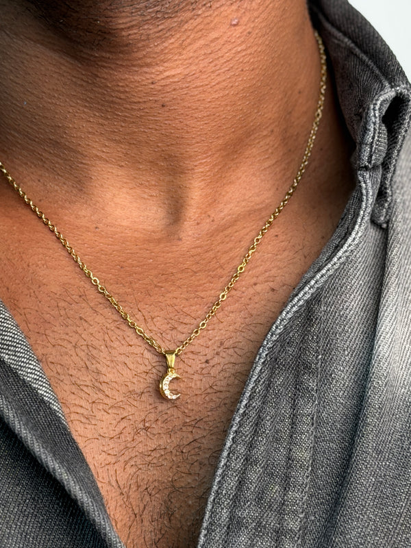 Tiny moon  18 k gold plated white stone - necklace