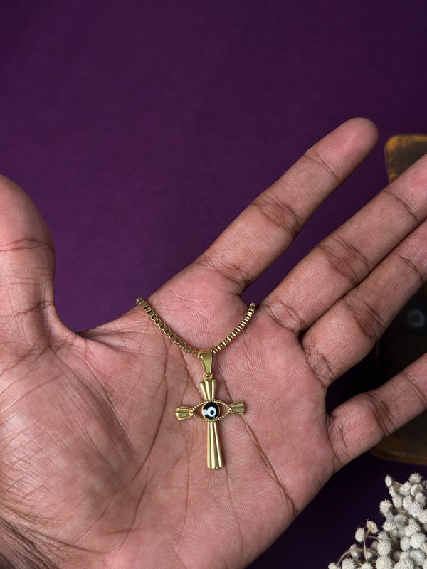Cross evil eye 18k gold plated stainless steel necklace