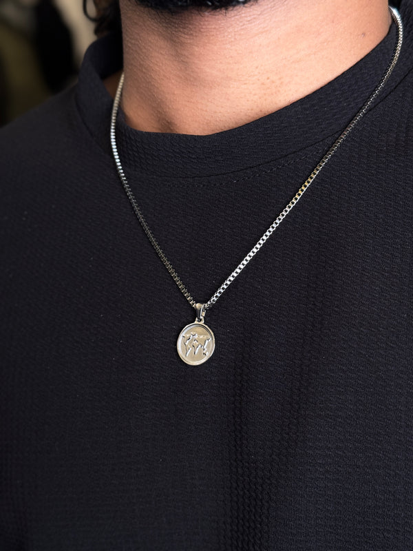 World map stainless steel silver necklace