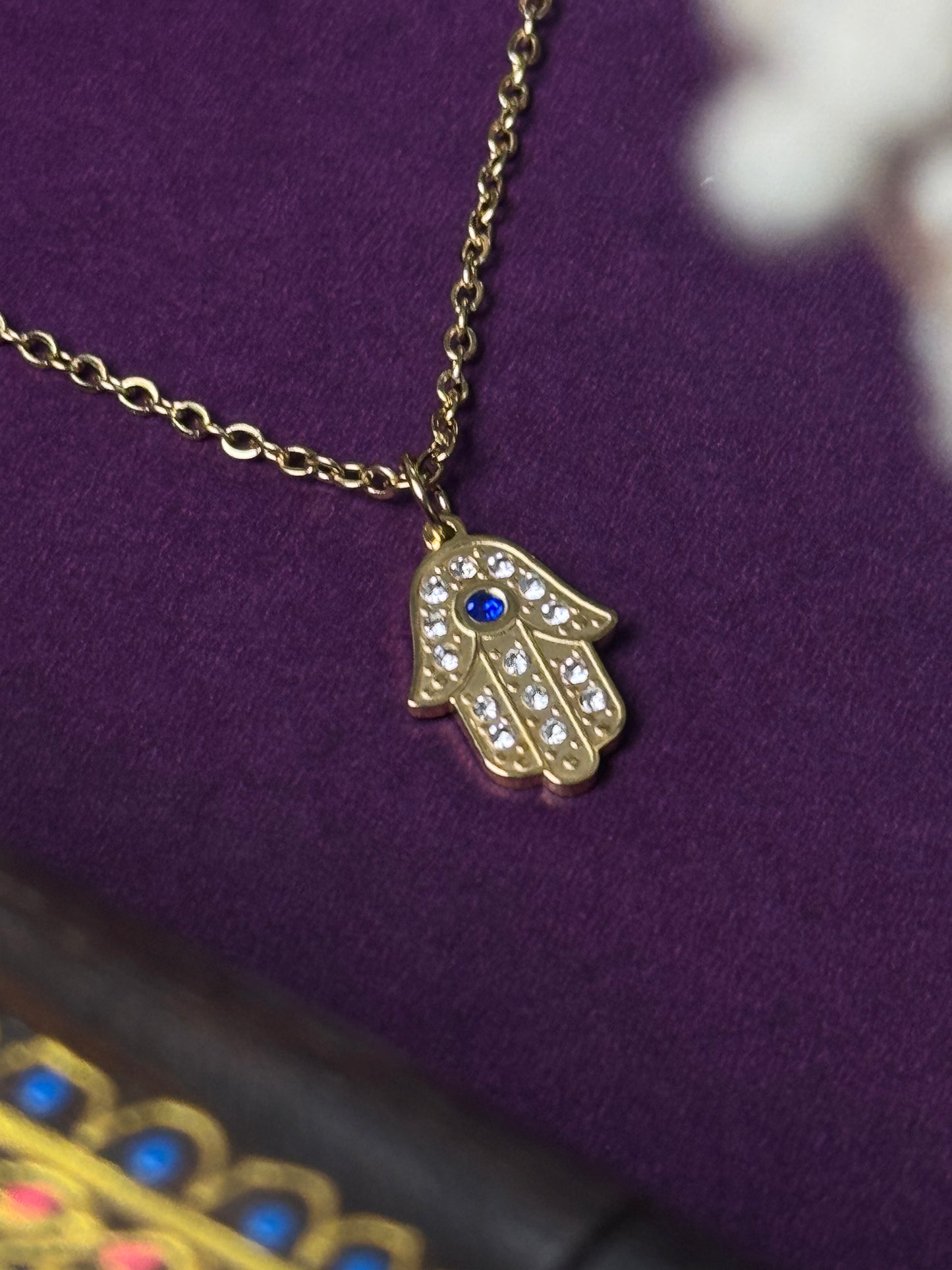 Hamsa hand 18k gold plated stainless steel necklace with white stone embedded