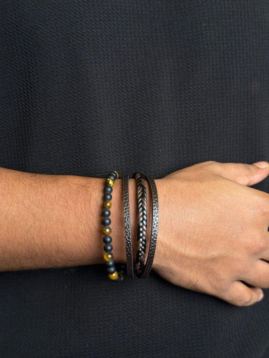 Natural stone  4 layer leather plus stainless steel bracelet