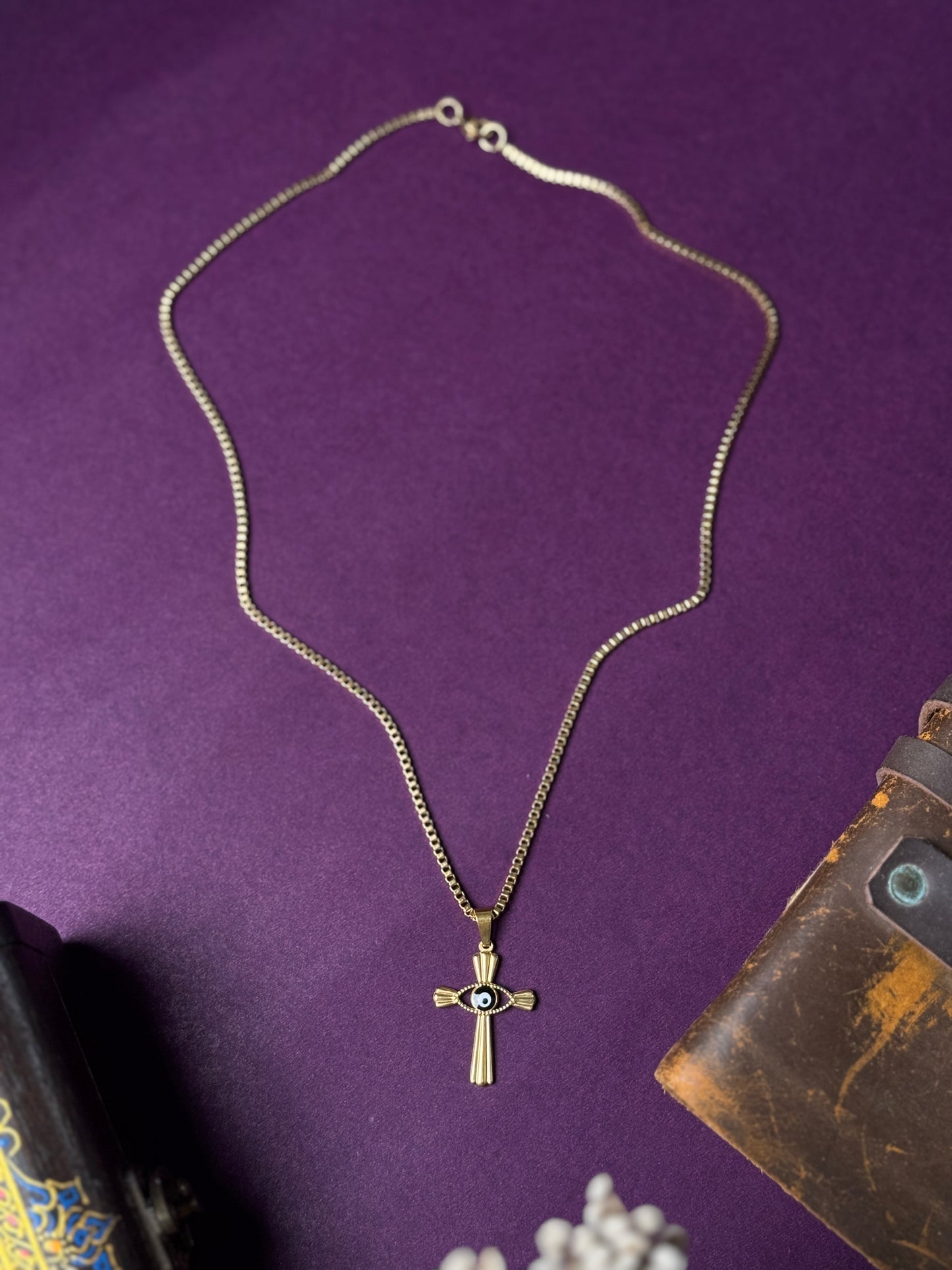 Cross evil eye 18k gold plated stainless steel necklace