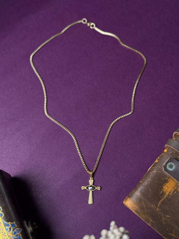 Cross evil eye 18k gold plated stainless steel necklace