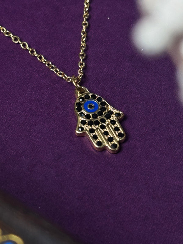 Hamsa hand 18k gold plated black stone embedded stainless steel necklace