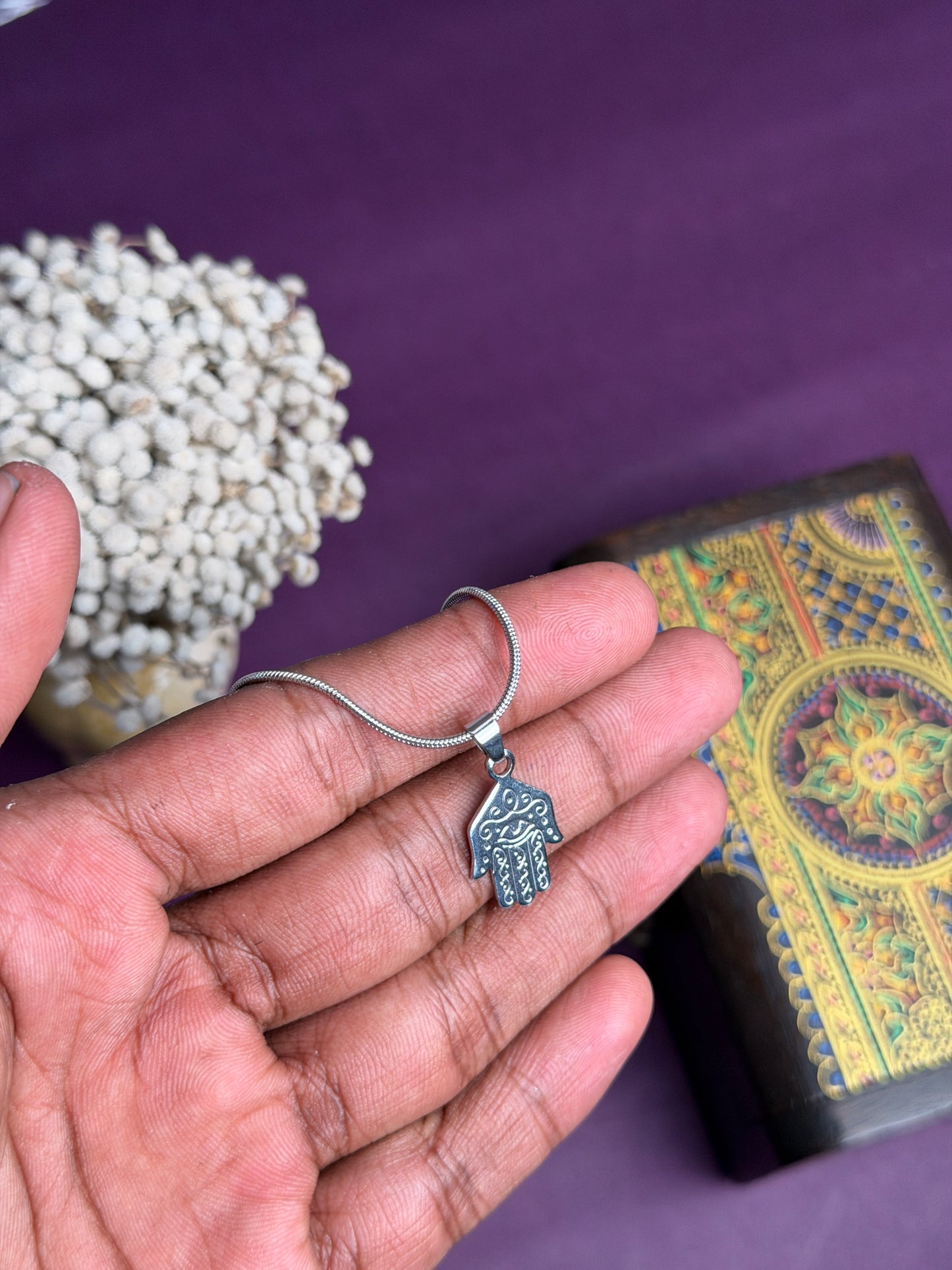 Hamsa hand  small silver stainless steel silver necklace in 55 cm chain