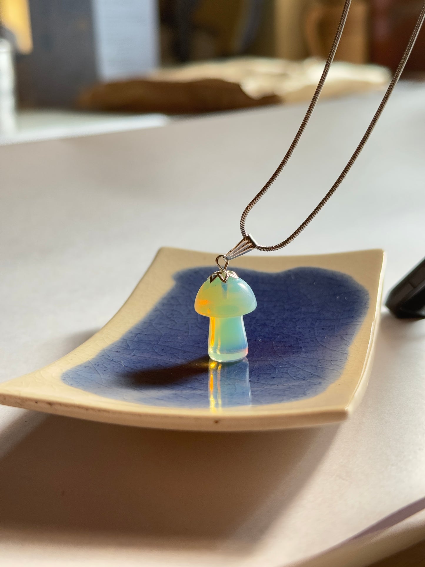 Opalite  stone mushroom necklace in 1.2 ss chain