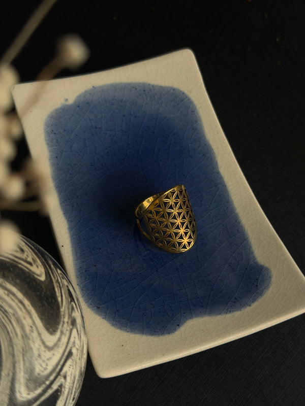 Flower of Life  18k gold plated stainless steel adjustable Ring