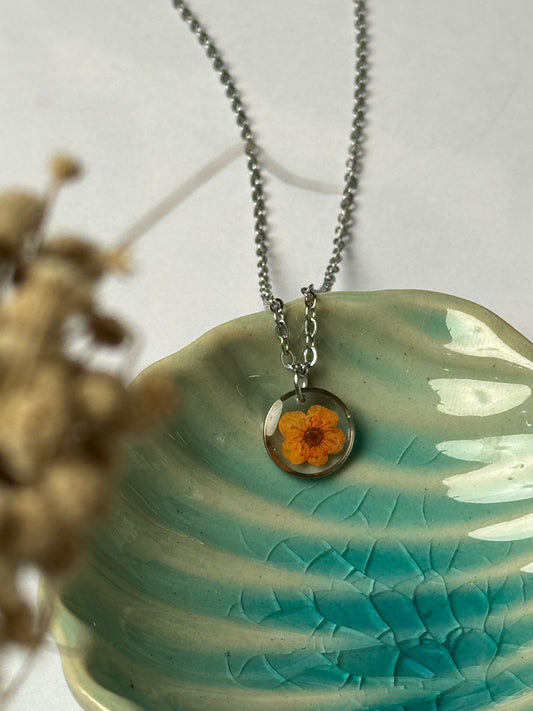Plum flower orange minimal silver stainless steel necklace
