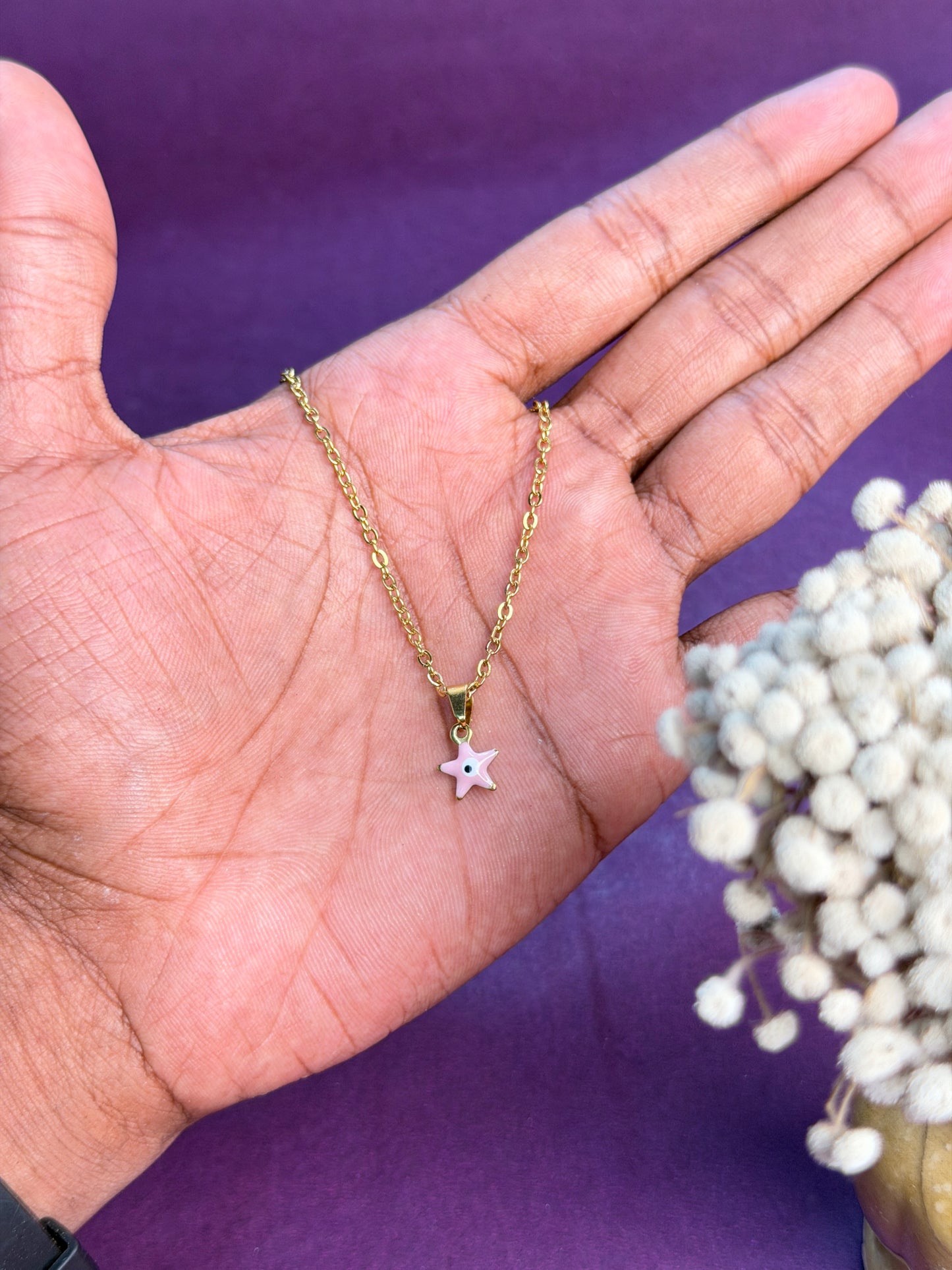 Tiny star evil eye pink necklace