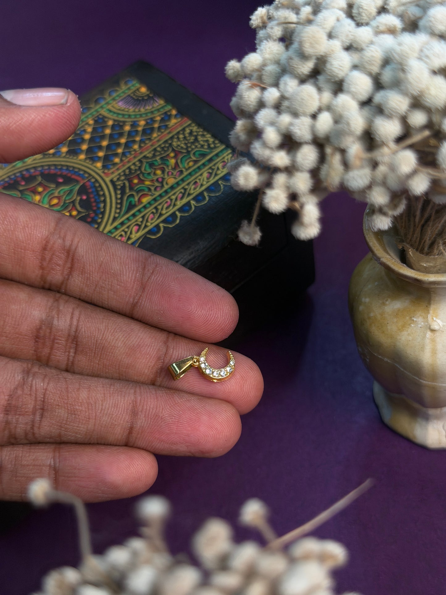 Tiny moon  18 k gold plated - with white stone- pendant