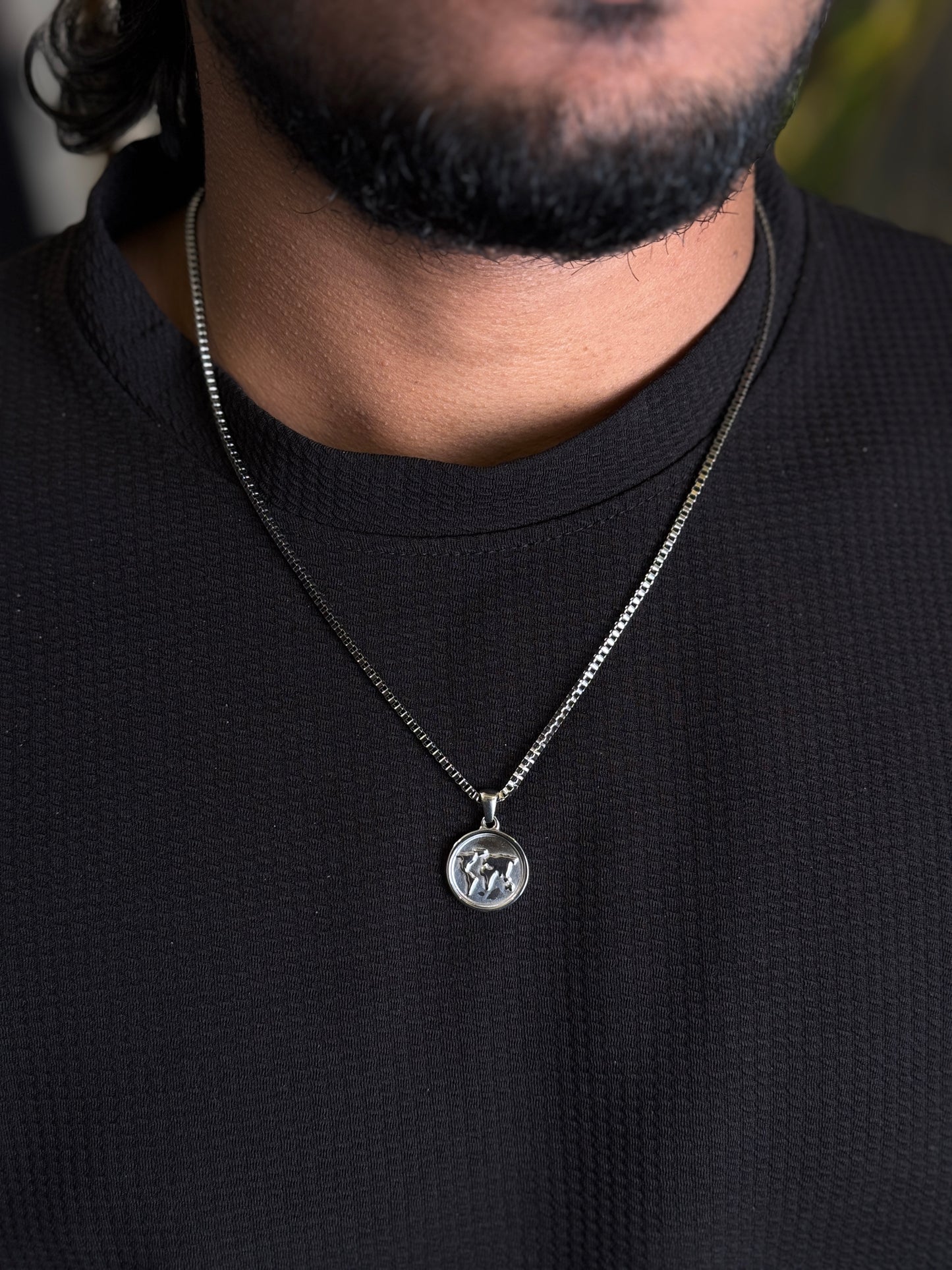 World map stainless steel silver necklace