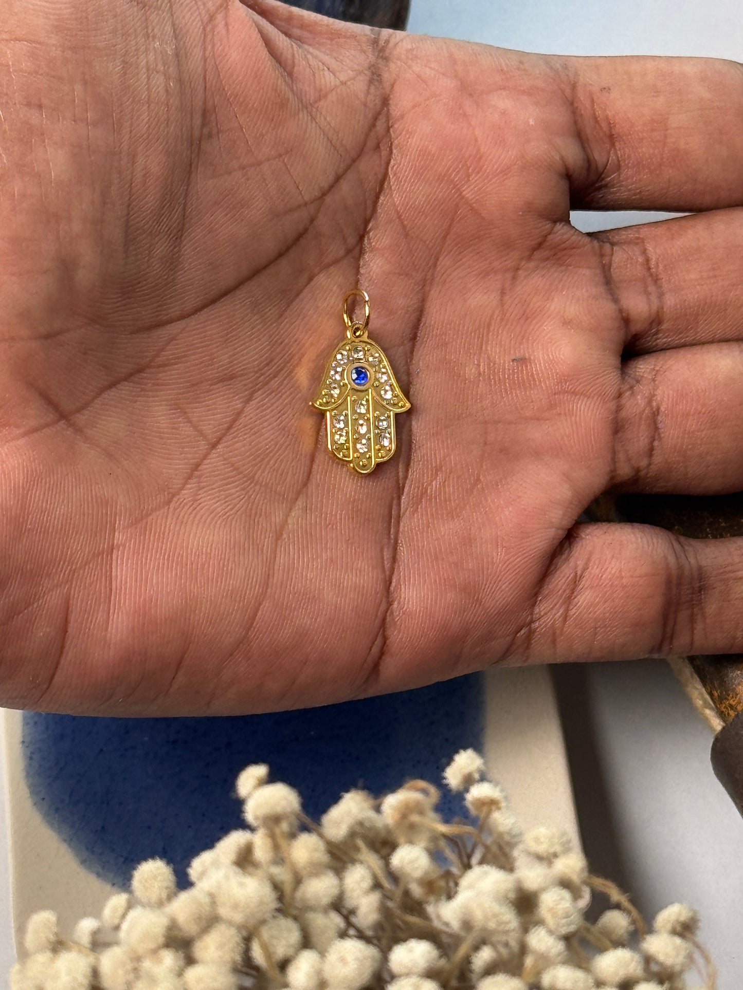Hamsa hand stone embedded 18k gold plated pendant with hook