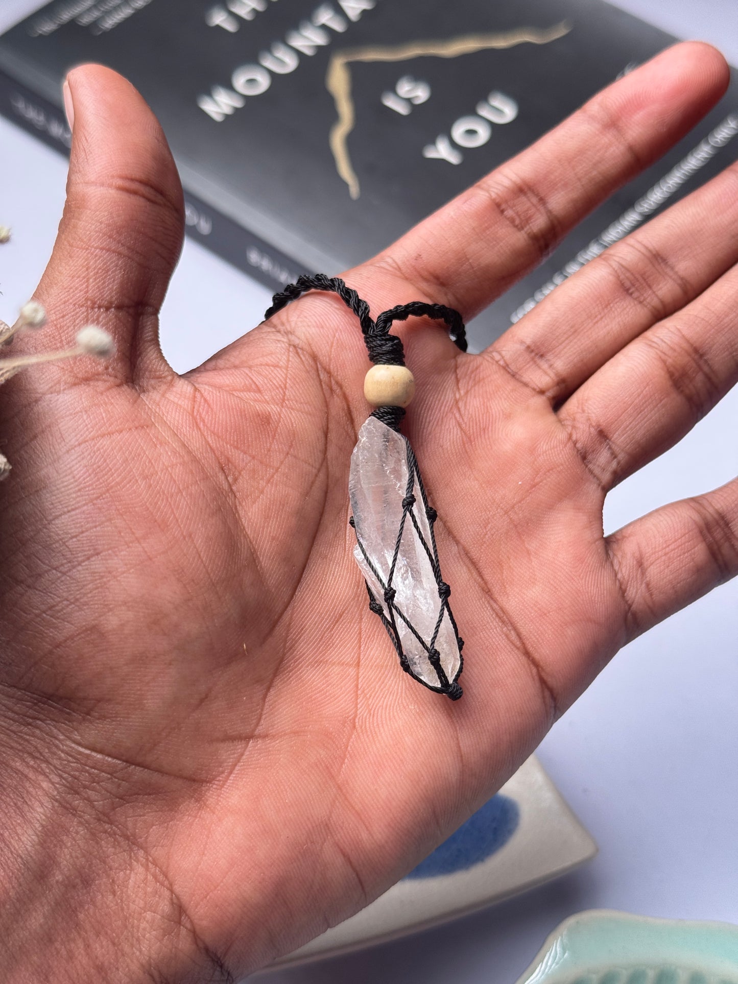Clear quartz raw macrame wrapped necklace