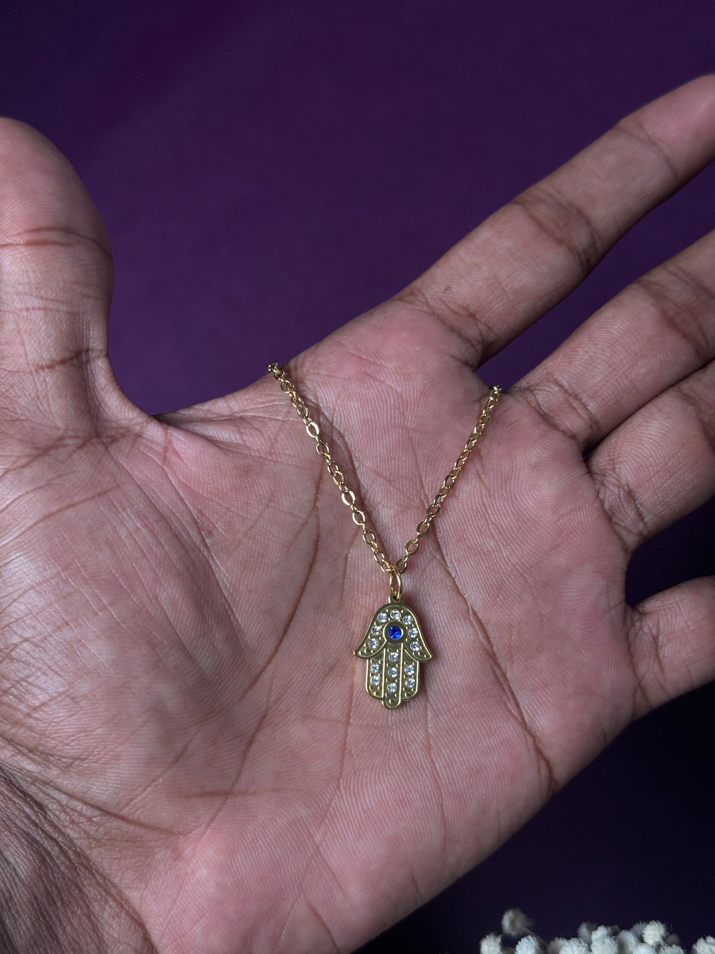 Hamsa hand 18k gold plated stainless steel necklace with white stone embedded
